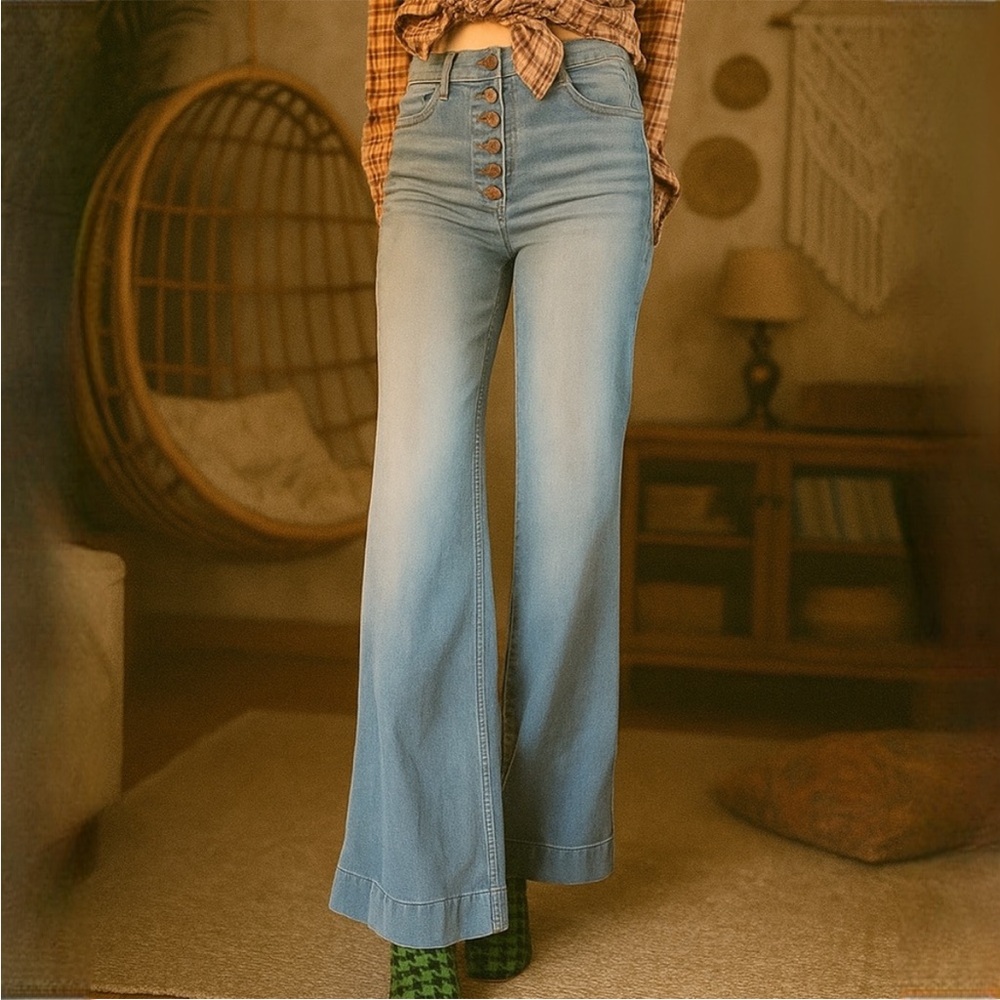 Rachel Roy Light Wash Harp Button Button Fly Flare Leg Stretch Jeans Sz 29 Tall